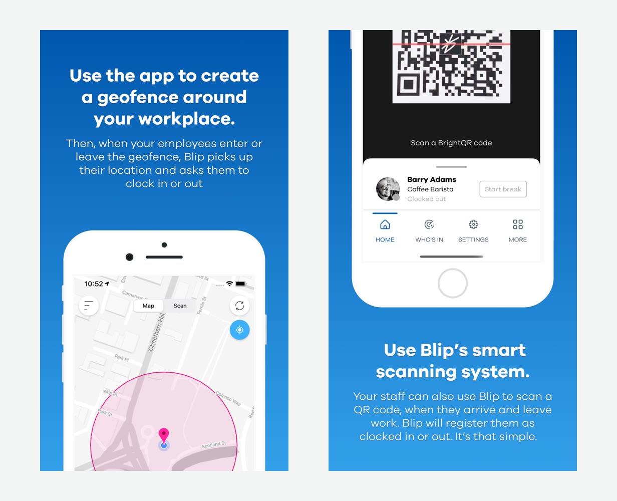 BrightHR's Blip app: a geofence drawn around the workplace, and a QR scan screen for a staff member listed as a coffee barista. Images from Blip's App Store listing.