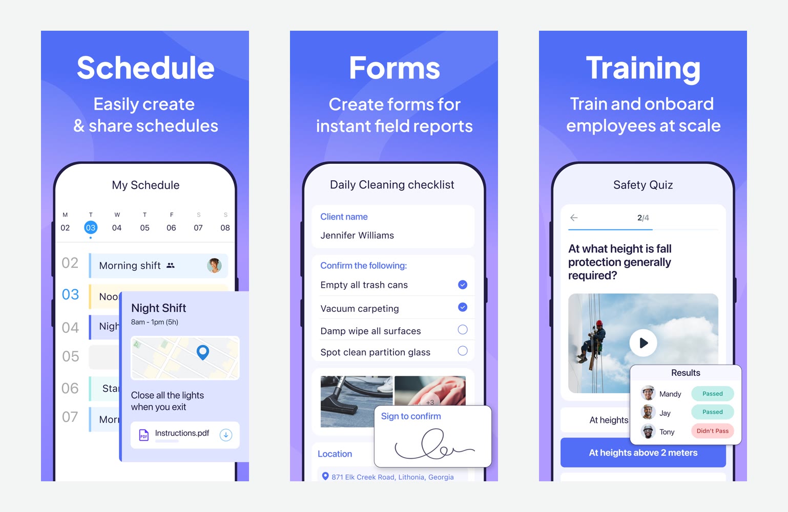 Connecteam's mobile app showing a morning and night shift schedule, a daily cleaning checklist for vacuuming and emptying bins, and a working-at-heights safety quiz. Images from Connecteam's App Store listing.