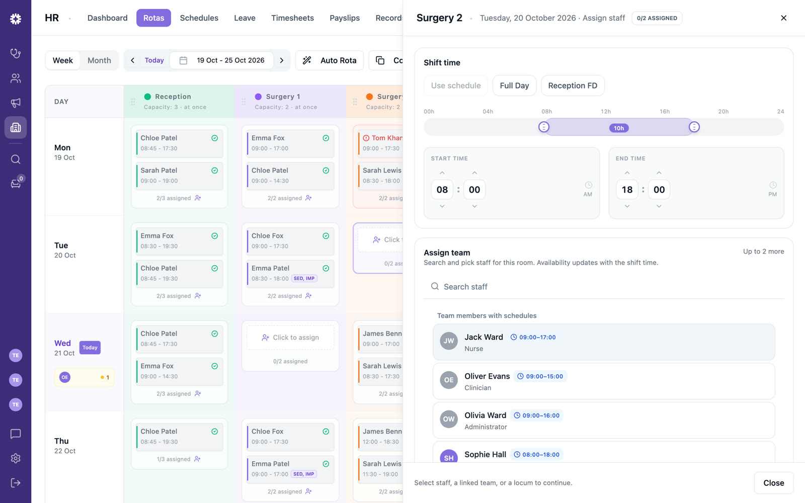 The assign panel for one treatment room, listing nurses, clinicians and administrators with their scheduled hours, plus the option to pick a linked team or a locum.